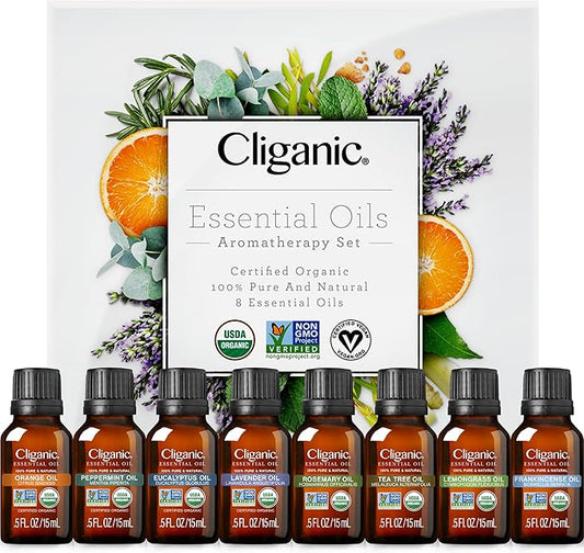Cliganic Organic Aromatherapy Essential Oils Gift Set (Top 8), 100% Pure - Peppermint, Lavender, Eucalyptus, Tea Tree, Lemongrass, Rosemary, Frankincense & Orange