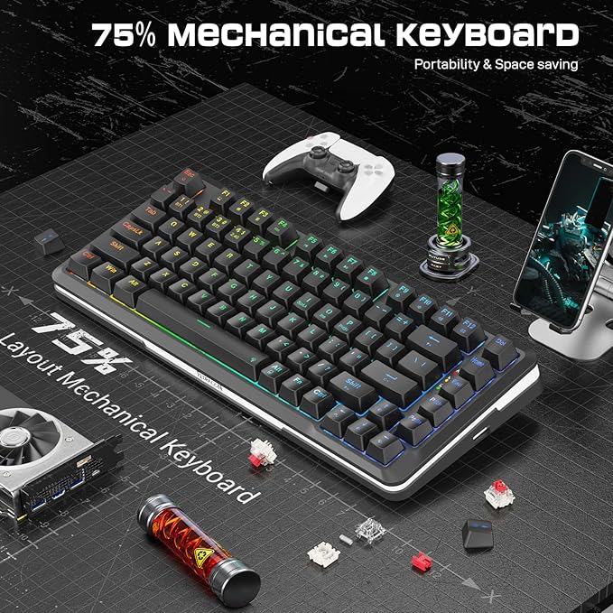 Redragon K713 Wireless Mechanical Keyboard, Gasket Mounted RGB Gaming Keyboard, 3-Mode (2.4G/BT/USB), Pre-Lubed Linear Red Switches, 75％ Layout, 82 Keys Hot Swappable for PC/Mac - Black