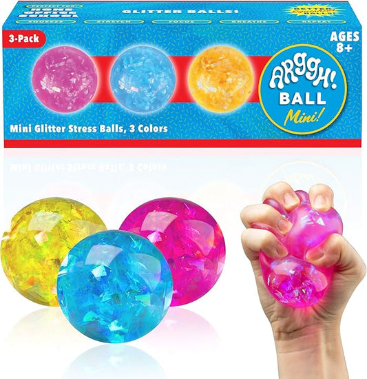 Power Your Fun Arggh Glitter Mini Stress Balls for Adults and Kids - 3pk Squishy Stress Ball Fidget Toys, Sensory Toys and Stress Relief Mini Squishy Toys Squeeze Ball Toy (Yellow, Pink, Blue)