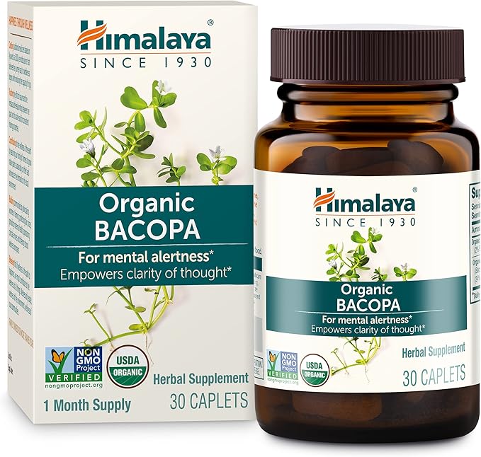 Himalaya Organic Bacopa - Bacopa Monnieri Herbal Brain Supplements for Memory and Focus Support - USDA Organic, Vegan, Non-GMO, Gluten Free, 750 mg, 30 Caplets
