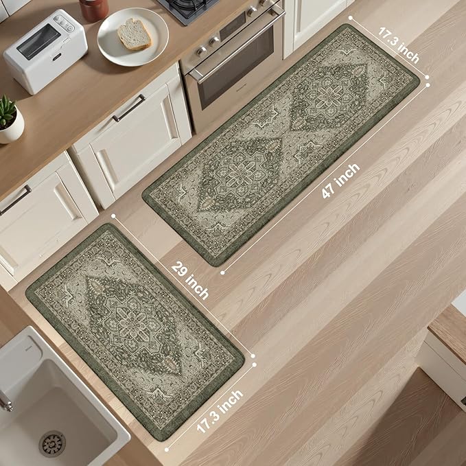 KIMODE Anti Fatigue Mats for Kitchen Floor 17"x47"+17"x29", Boho Kitchen Rugs Sets of 2,Cushioned Kitchen Floor Mats, Comfort Standing Mat for Laundry, Office, Sink, Desk Dark Green