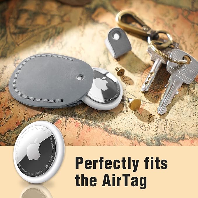 Genuine Leather Airtag Holder, Portable Air Tag Keychain with Key Rings Full Coverage Air Tags Hidden Case Cover Compatible for AirTags Grey