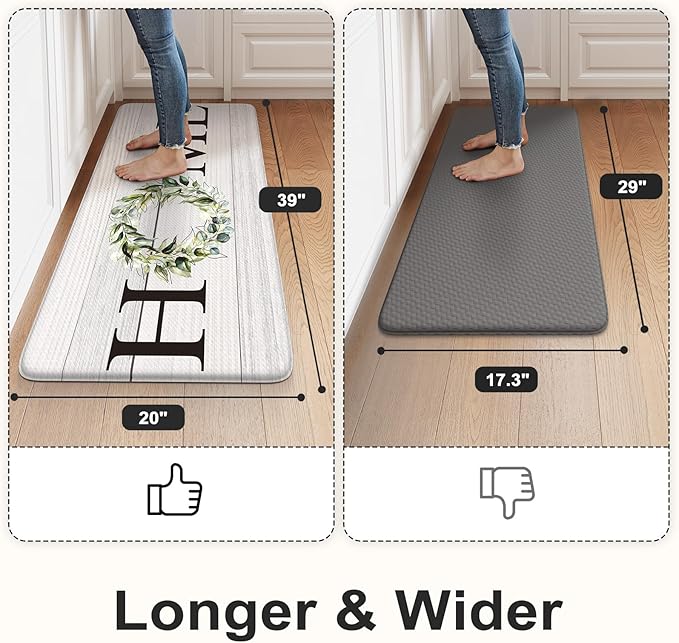 KIMODE Anti Fatigue Kitchen Mat Cushioned, Boho Farmhouse Kitchen Runner Rug, Non Slip Memory Foam Kitchen Mat for Floor, Waterproof Standing Desk Mat for Laundry Office Sink 20"x39" White