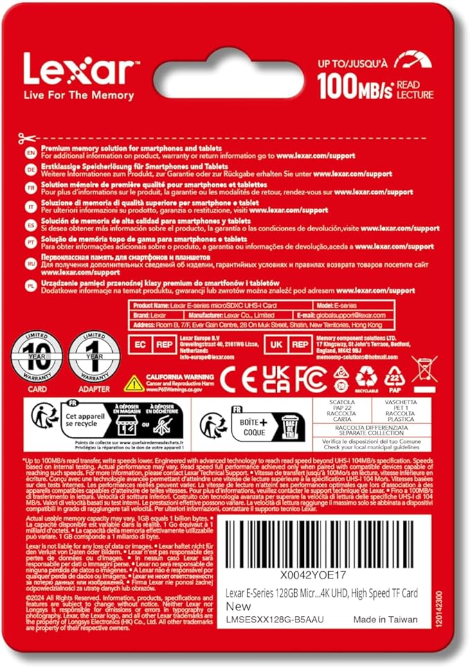 Lexar E-Series 128GB Micro SD Card 5 Pack, microSDXC UHS-I Flash Memory Card with Adapter, 100MB/s, C10, U3, A1, V30, Full HD, 4K UHD, High Speed TF Card