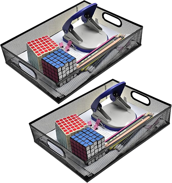 2 Pcs Heavy-Duty Metal Mesh Desk Organizer Tray, A4 Large Office Storage Box Set, 12.6X 9.1 x 2.8Inches, Large Capacity for Home and Office Supplies