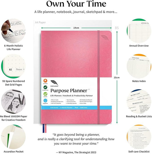 Roterunner 2025 B5 Pink Softcover Purpose Planner Notebook 7.5'x9.8' Undated Planner Daily Weekly Monthly Productivity Goal Setting Tool for Work Home ADHD Adults Self Care Journal