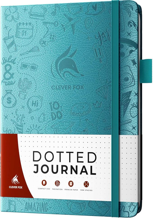 Clever Fox Dotted Journal 2.0 – Compact Planning and Sketching Dot Grid Notebook 120 GSM Thick, No-Bleed Paper – Planner with Pen Loop, Pocket, Ribbons, Stickers A5 - Aquamarine