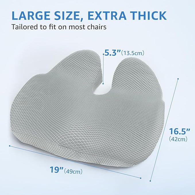 Extra Large Office Chair Cushion, 19" x 17" Ergonomic Memory Foam Seat Cushion for Tailbone, Back, Sciatica & Hip Pain Relief, Booster Pad for Sitting & Driving, Removable Washable Cover, Grey