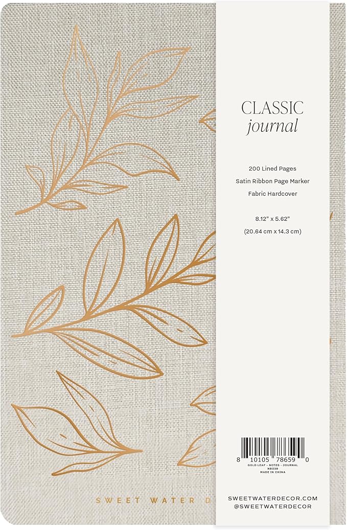 Sweet Water Decor Gold Fabric Notes Journal, Lined Pages, Hardcover Notebook with Satin Ribbon Bookmark, Elegant Neutral Design for Office, Work, School or Personal Writing 200 Lined Pages (8.25" x 5.75")