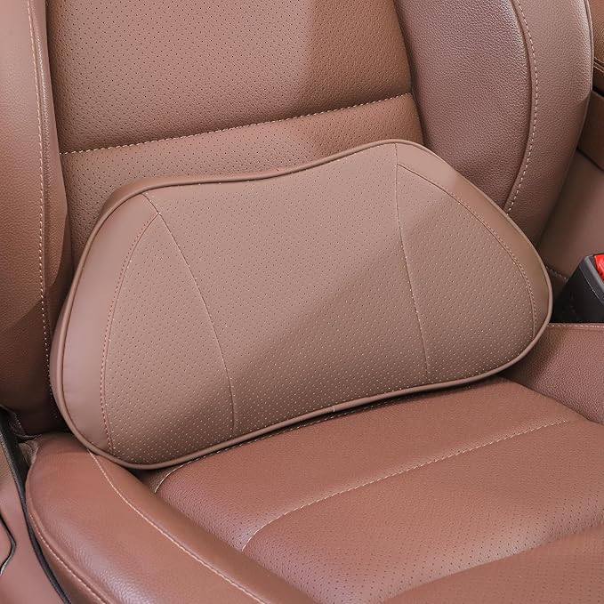 Lumbar Support Pillow for Car, Premium Leather Memory Foam Lumbar Cushion for Lower Back Pain Relief, Universal Back Support for Driving, Home & Office Chairs, Brown, 1 Pack