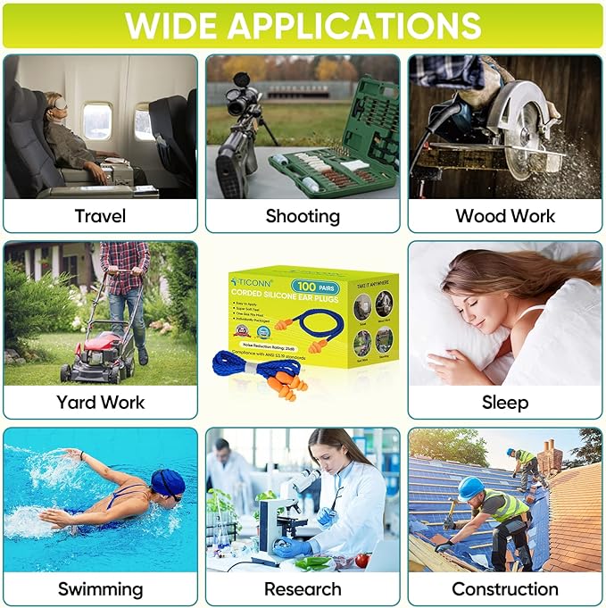 TICONN 100 Pairs Reusable Silicone Ear Plugs for Sleeping Noise Cancelling, 25dB NRR Corded Earplugs for Study Concentration Travel (100 Pairs)