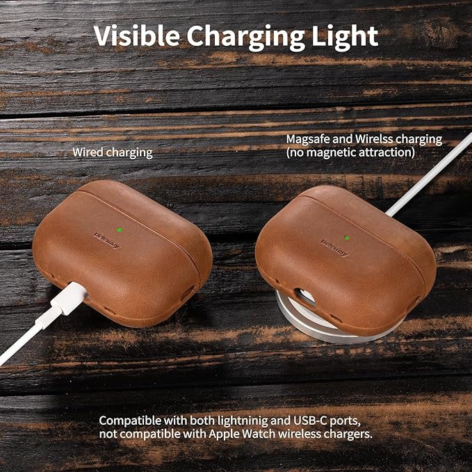 Belemay for AirPods Pro (2nd Generation) Case – Premium Crazy Horse Leather - Rich Patina- Secure Grip - Compatible with MagSafe and Wireless Charging - Compatible with Airpods Pro 2 Case - Tan