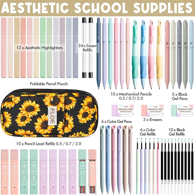 65PCS Aesthetic School Supplies with Cute Pencil Case, Pastel Highlighters Gel Pens Mechanical Pencils Set 0.5 0.7 & 2.0mm, Office Back to School Supplies College Essentials Kit Student Stationary Set