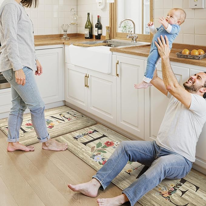 KIMODE Anti Fatigue Mats for Kitchen Floor,Farmhouse Floral Rugs Sets of 2,Cushioned Carpet Non Slip,Wide Memory Foam Runner for Bathroom Sink Laundry Office,Beige 20"x47"+20"x32"