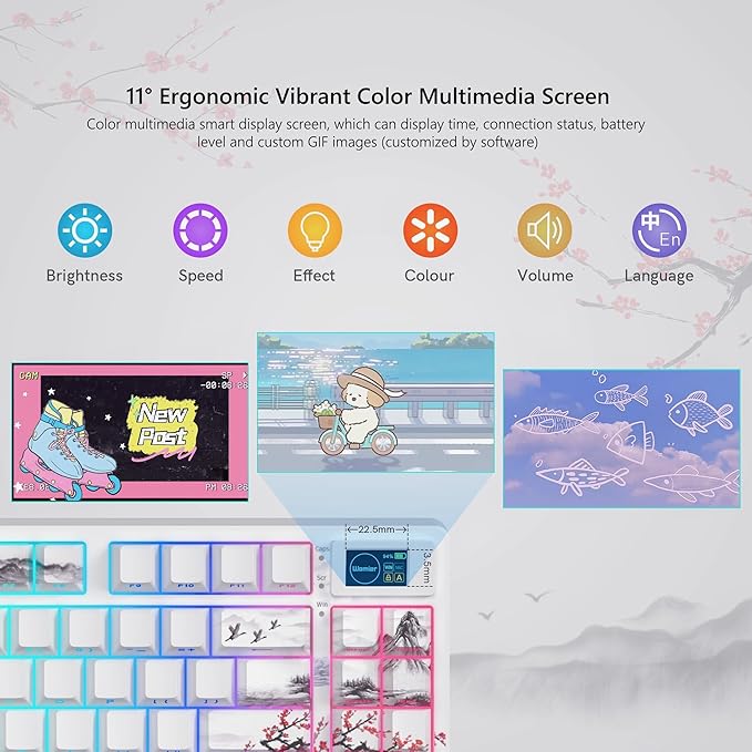 Womier 75% Wireless Mechanical Keyboard with Color Multimedia Screen Gaming Keyboard, Theme 3-Modes Hot Swappable Key Board w/Wrist Rest,SK80 PRO Gasket RGB Custom for Mac/Win,Red Plum