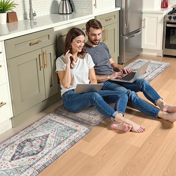 KIMODE Anti Fatigue Kitchen Mats, Boho Distressed Kitchen Rugs 20"x59"+20"x32", Non Slip Waterproof Kitchen Floor Mats, Comfort Foam Mats for Kitchen Floor Sink Laundry Office Desk Blue