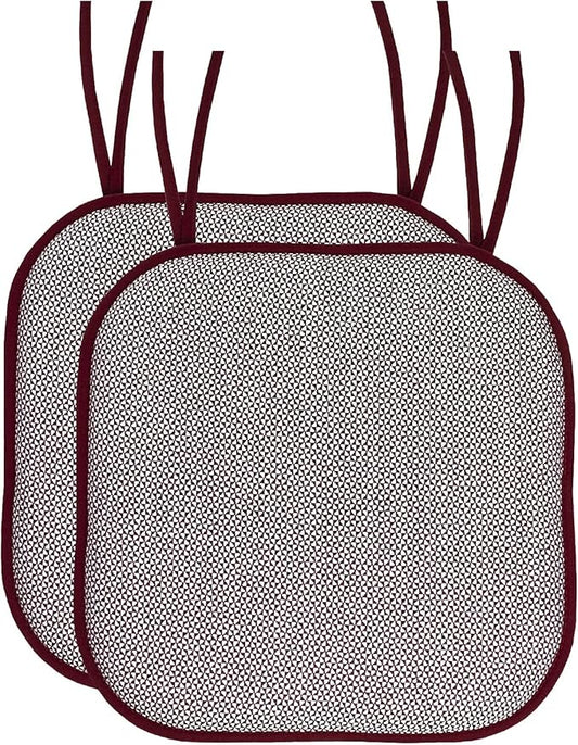 Sweet Home Collection Chair Cushion Memory Foam Pads with Ties Honeycomb Pattern Slip Non Skid Rubber Back Rounded Square 16" x 16" Seat Cover, Cameron Wine White