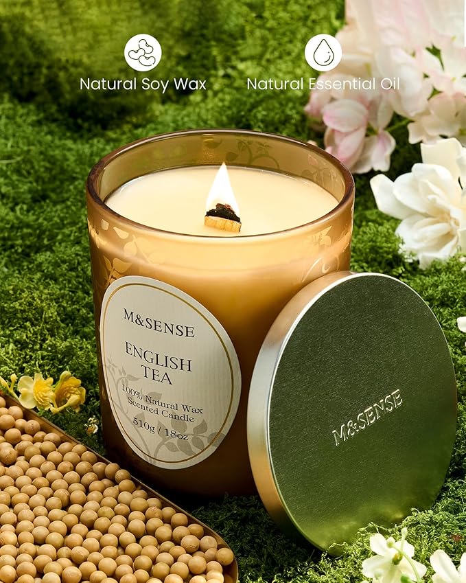 M&SENSE Lemon English Tea Candle, Wooden Wick Scented Candles, 100 Hours Long Burning No Toxin Natural Soy Wax 18oz, Calming Relaxing Home Fragrance, Housewarming Gifts for Men Women