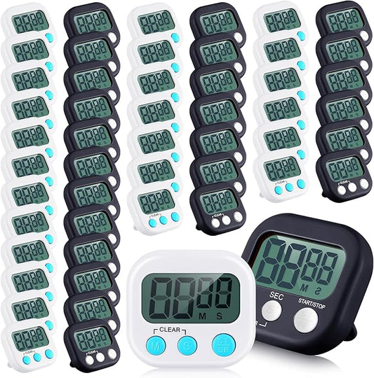 Xuhal 50 Pieces Digital Kitchen Timer Bulk, Small Magnetic Timers for Classroom, Digits Stopwatch Clock Timer for Cooking Baking Sports Games Office, Not Including Battery (Black,White)