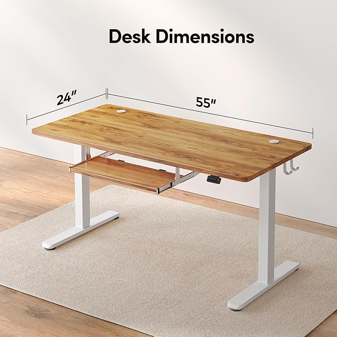 FEZIBO Standing Desk with Keyboard Tray, 55 x 24 Inch Adjustable Height Sit Stand Desk with Memory Presets for Home Office, Ergonomic Computer Workstation, Light Rustic