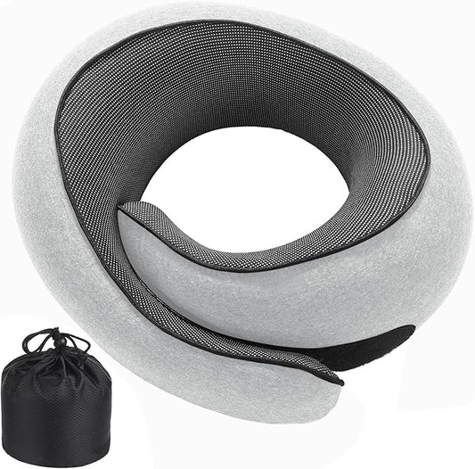 Badink® Neck Pillow Memory Foam with MagicStrap – Adjustable Ergonomic Travel Pillow for Office/Airplane/Car, Washable Cover, Portable Cervical Support（Neutral Grey）