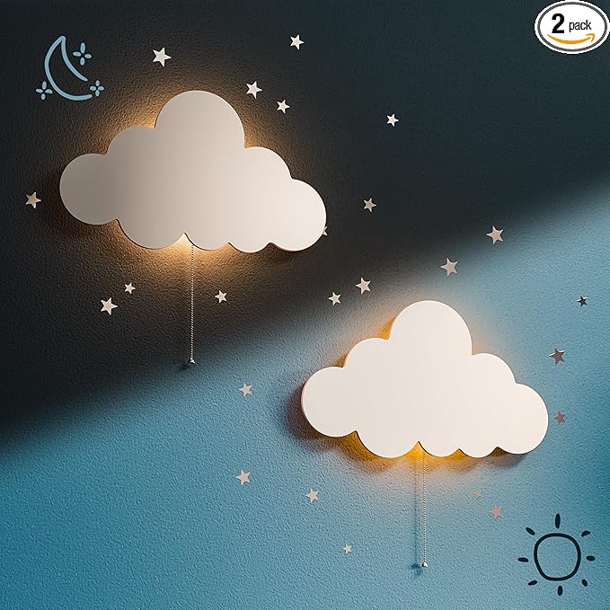 Tipperk 2 Pack - Floating Cloud Wall Lamp for Nursery & Kids Bedroom | Battery-Operated Hanging Night Lights
