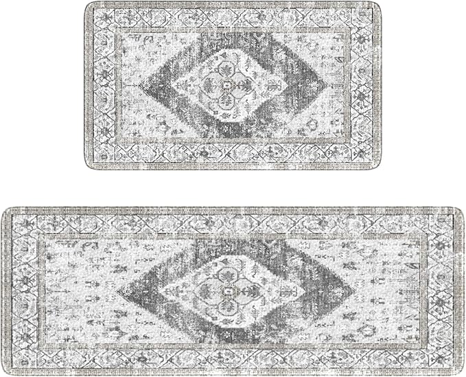 KIMODE Kitchen Rugs and Mats 2PCS Cushioned Anti Fatigue Kitchen Mat Non-Skid Waterproof Kitchen Runner Rug for Kitchen Decor,Floors,Office,Laundry,Grey
