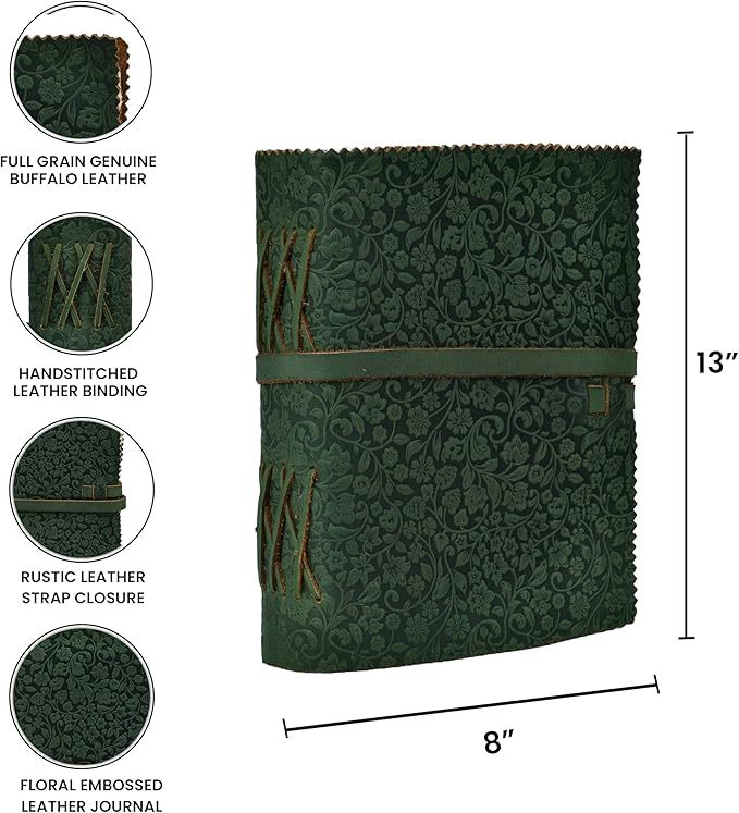 LEATHER VILLAGE Leather Bound Floral Embossed Journal for Women Men - 200 Pages, 13X8 Inches, Green - Book of Shadows, Vintage Blank Paper Travel Diary, Notebook for Writing, Drawing, Sketchbook