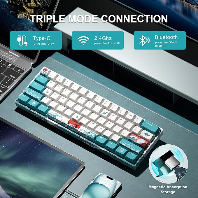 HITIME 60 Percent Keyboard, XVX M61 Pro 3-Modes Wireless Mechanical Keyboard, Hot-Swappable Custom Gaming Key Board, RGB Backlit, for Windows Mac PC Gamers(Coral Sea Theme, Pre-lubed Linear Switch)