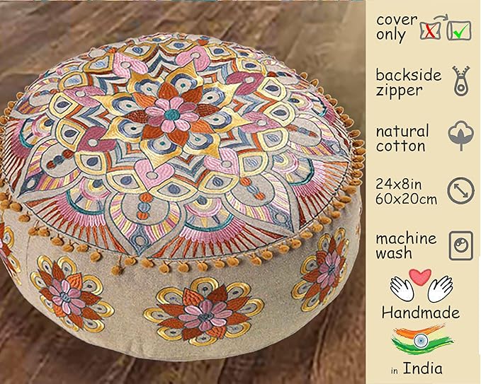 Modern Round Floor Cushion Cover Flower Room Décor Boho Furniture Round Floor Pillow Pouf Footstool Boho Chic Siting Area Stool Cushion Case Luxury Kids Room Décor Cotton 24x8 Unstuffed