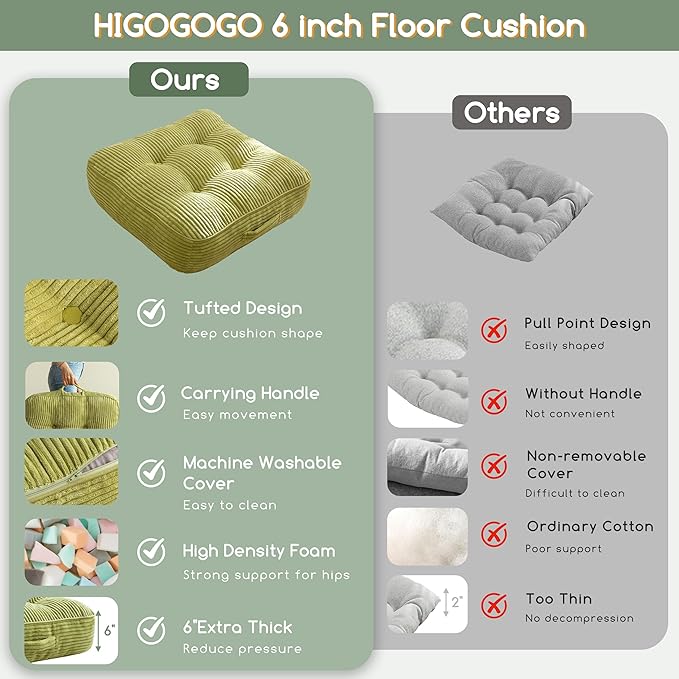 6" Washable Floor Pillow Cushion for Adults, Meditation Cushion Pillow, Large Square Floor Sitting, Removable Tufted Corduroy Cover, for Tatami Living Room or Yoga, 22x22 Inch, 2Pack, Machine Washable