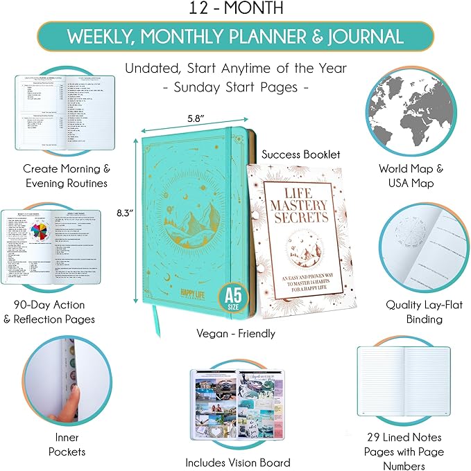 Life Mastery Planner - A 12 Month Journey to Crush Your Goals, Increase Productivity, Passion, Success & Happiness - Weekly & Monthly Life Planner, Habit-Tracker, Gratitude Journal & Organizer, A5