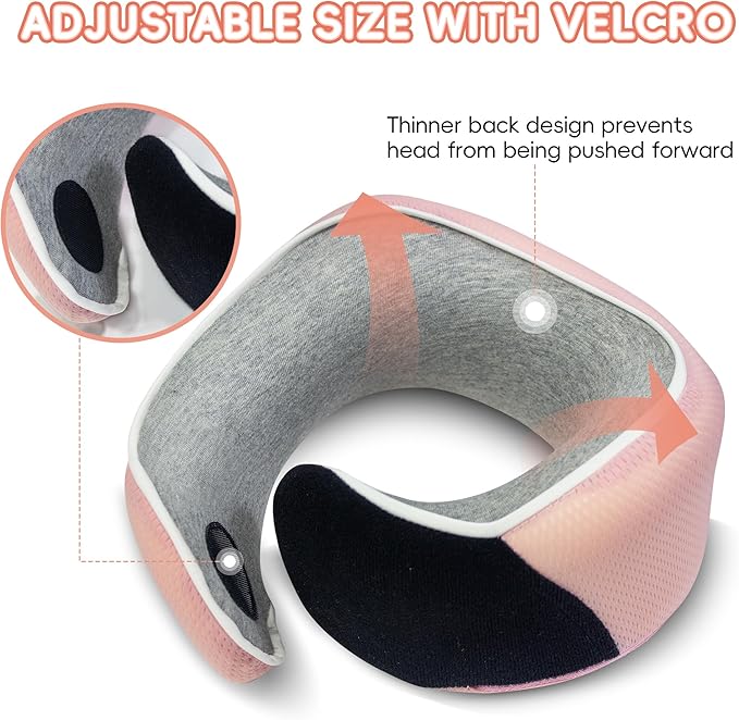 Proglobe Junior Kids Travel Neck Pillow - Ergonomic Memory Foam Pillow for Airplane, Car, Booster Seat - Soft, Washable, Compact Travel Pillow with Strap - Light Pink - Ages 4-13