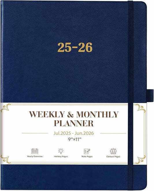 Planner 2025-2026 - Academic Planner 2025-2026, Leather Calendar Weekly and Monthly, 9"x11", July 2025 - June 2026, Leather Hardcover, Pen Loop, Elastic Closure, Pocket - Navy
