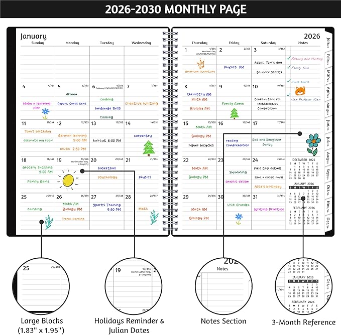 Monthly Planner 2026-2030, 5-Year Calendar Planner 2026-2030, Jan 2026 – Dec 2030, 8.5 x 11 In, Ruled Spread, Flexible Cover, Spiral Wirebound, Pocket, 60 Coated Monthly Tabs, Notes ＆ Habit Tracker, A4 Planner, Black