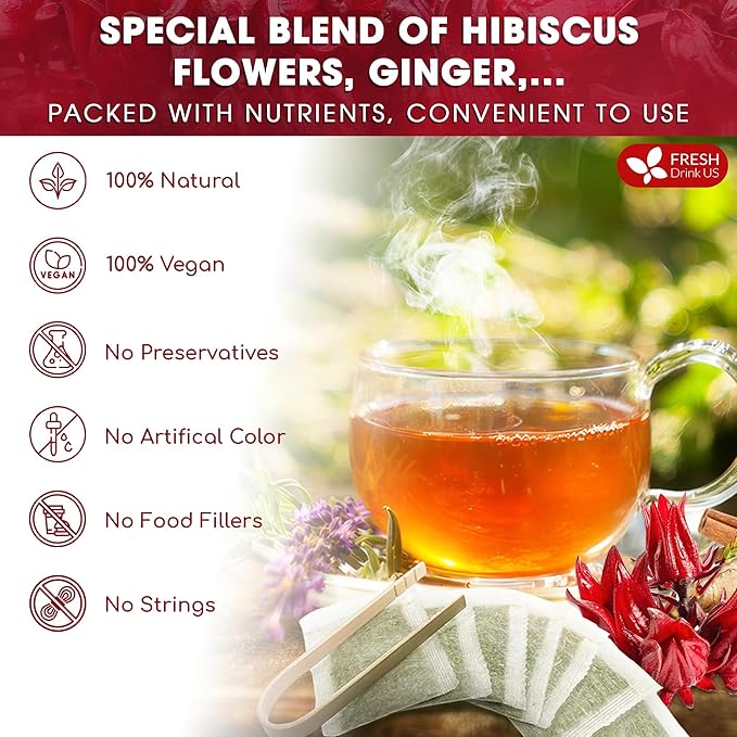 FreshDrinkUS, 60 Tea Bags Super Hibiscus Heart Blend– Herbal Tea with Hibiscus Flower, Ginger, Cinnamon Stick, Lemongrass & Rose Hip – Naturally Caffeine-Free, Sugar-Free, Vegan