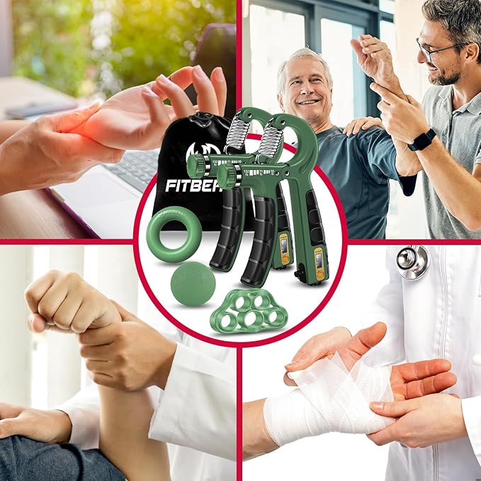 FitBeast Hand Grip Strengthener Workout Kit (5 Pack), 2 Forearm Grip Adjustable Resistance Hand Gripper, Finger Stretcher, Grip Ring & Stress Relief Grip Ball for Athletes