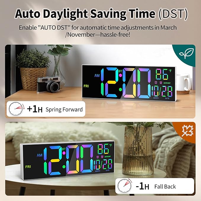 16.5" Large LED Wall Clock with Bluetooth Sync, Night Light, DST, 2 Alarms, RGB Color, Temperature, Remote Control, 12/24H, Timer for Living Room, Bedroom, Desk, Gift for Mother Father Elderly