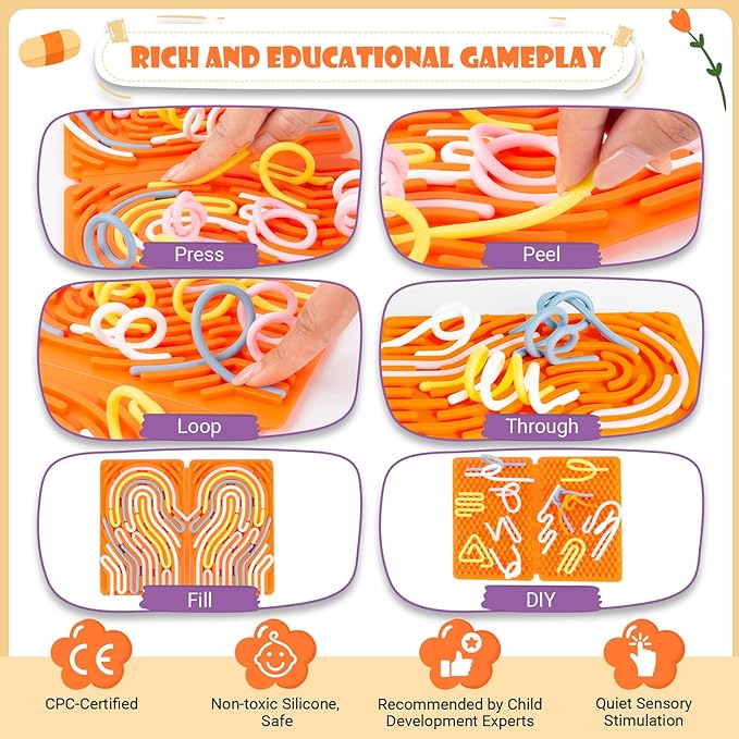 Sensory Activity Board, Four-Sided Silicone Sensory Fidget Toy, Promotes Parent-Child, Suitable for Autism, Calming, ADHD, Great for Children 3+ & Adults, Includes Portable Travel Bag and 25 (Orange)