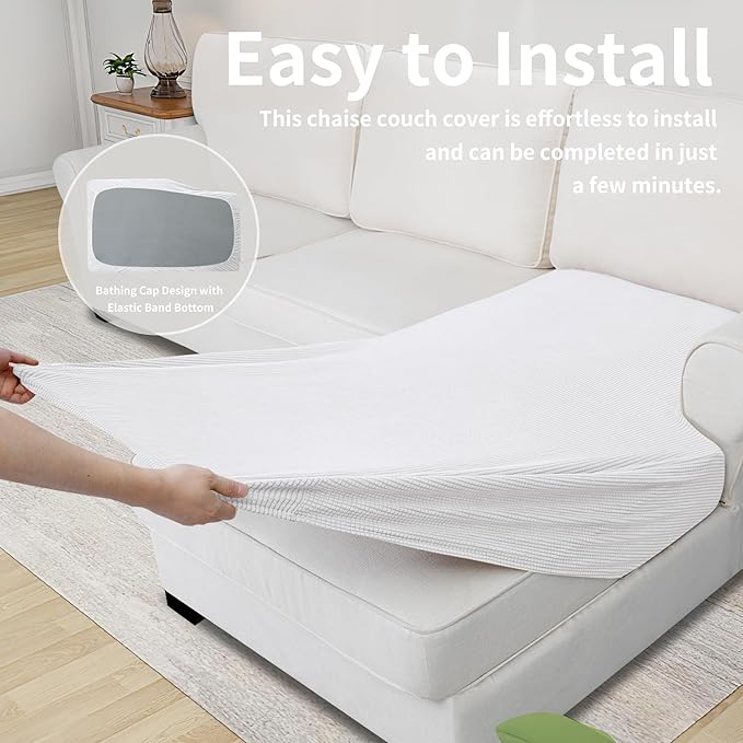 Easy-Going Stretch Sectional Couch Covers 1 Piece Chaise Lounge Slipcover L Shape Separate Cushion Couch Seat Chaise Cover for Both Left/Right Sectional Couch Snow White