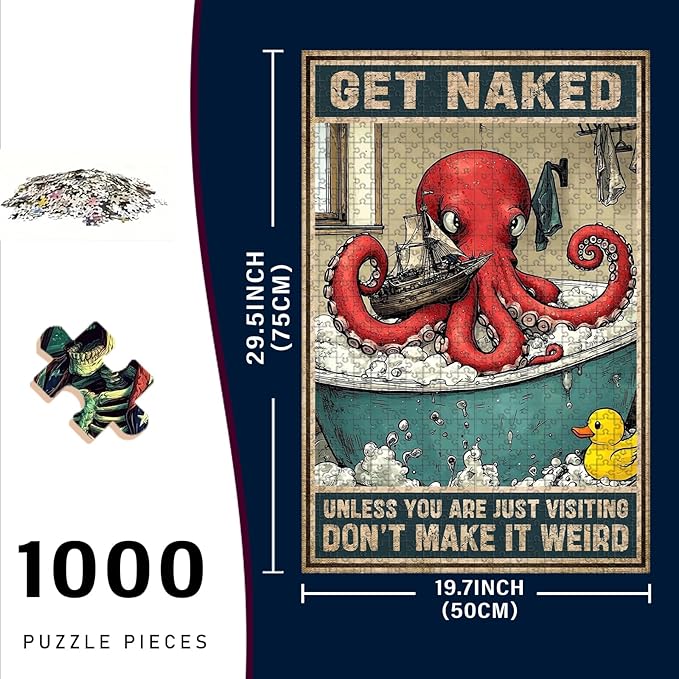 1000 Piece Wooden Puzzle Adults Well Crap Bathing Octopus Humorous Brain Teaser for Relaxation & Fun 29.5x19.7 Inch