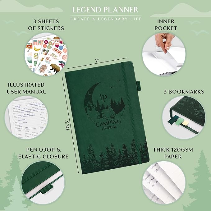 Legend Camping Journal – Hardcover Camper & RV Trip Planner – Notebook to Plan Travel & Camp Adventures with Packing Checklist, Meal Plan & Camping Bucket List – 30 Trips, 7" x 10" (Dark Green)