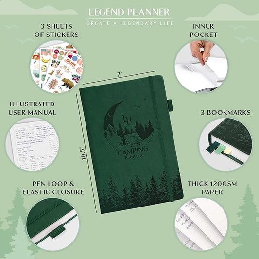 Legend Camping Journal – Hardcover Camper & RV Trip Planner – Notebook to Plan Travel & Camp Adventures with Packing Checklist, Meal Plan & Camping Bucket List – 30 Trips, 7" x 10" (Dark Green)
