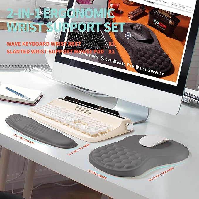 2-in-1 Ergonomic Set, Wave Rise Keyboard Wrist Rest and Massage Bulge Slope Mouse Pad Wrist Support, Cushion Memory Foam Integrated to Relieve Wrist Pain, Deep Gray