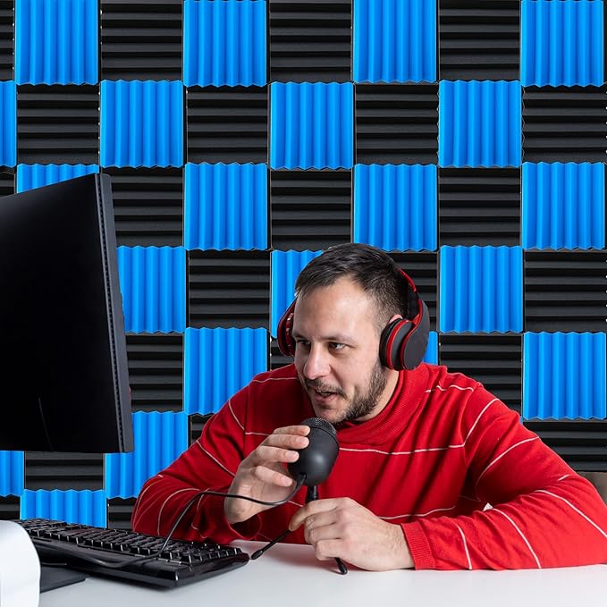 24 Pack Acoustic Foam Panels,2" x 12" x 12"Fireproof Soundproof Foam Sound Absorbing Noise Cancelling Panels for Recording Studios, Home, Offices Walls Ceiling（12 blue+12 black）