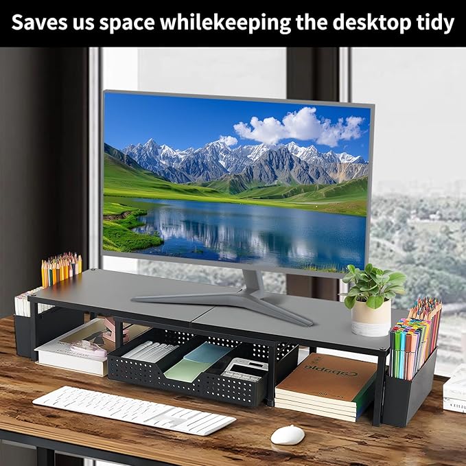 Desk Dual Monitor Stand Riser - Desk Organizer with Drawer and Pen Holders, Office Desk Accessories & Workspace Organization, Computer Monitor Stand for Laptop, Printer, TV(Black Wood)