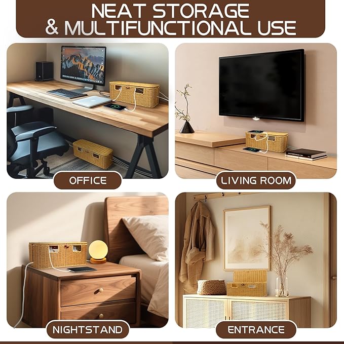 16 In Large Rattan Cable Management Box, Handwoven Cord Management Box with 5 Slots, Floor Cord Hider Boxes for Power Strip and Wire, Cable Organizer box with Lid for Desk, Floor, Office, Living Room