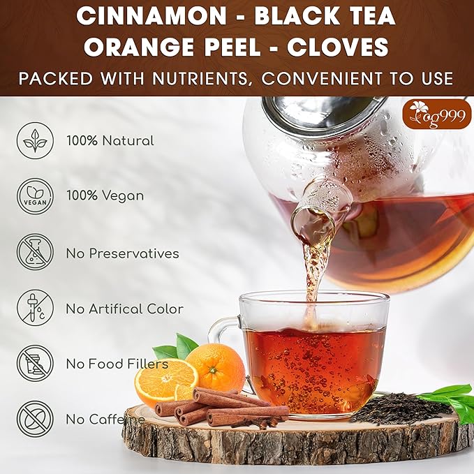 60 Hot Special Cinnamon Tea Bags – Special Blend of Cinnamon, Black Tea, Orange Peel and Cloves, 100% Natural Ingredients, Hand-made Blend Herbal Tea. Eco-conscious Tea Bags. No Sugar, No Caffeine, No Gluten, Vegan.