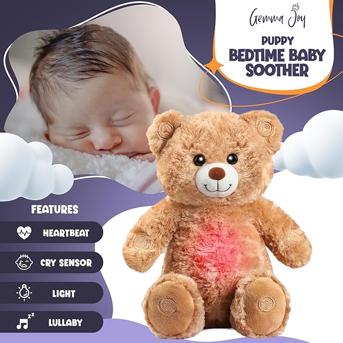 Gemma Joy Baby Sleep Soother Teddy Bear for Baby – Cry Activated Heartbeat Stuffed Animal – Rechargeable Crib Soother with White Noise, Shush, Lullabies & Night Light – Newborn Essentials Must Haves