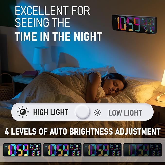 TXL16.5 Digital Wall Clock Large Display, LED Wall Clock RGB Color Changing, Count Up/Down Timer Clock with Remote Control, Adjustable Brightness Alarm Clock for Home, Office, Gym, Elderly, Auto DST